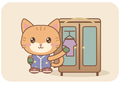 The ginger tabby cat in star pajamas and gloves, picking an outfit from a wooden wardrobe.