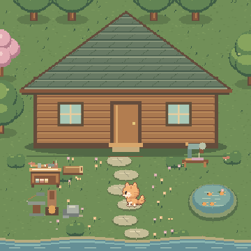 Pixel-art log cabin with a workbench and garden.