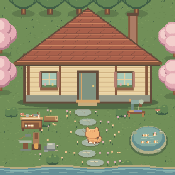 A pixel-art cottage with pink sakura trees, a workbench, a sewing table and a pond, with a ginger tabby cat on the stone path.