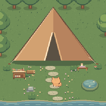 Pixel-art tent beside a campfire in a forest clearing.